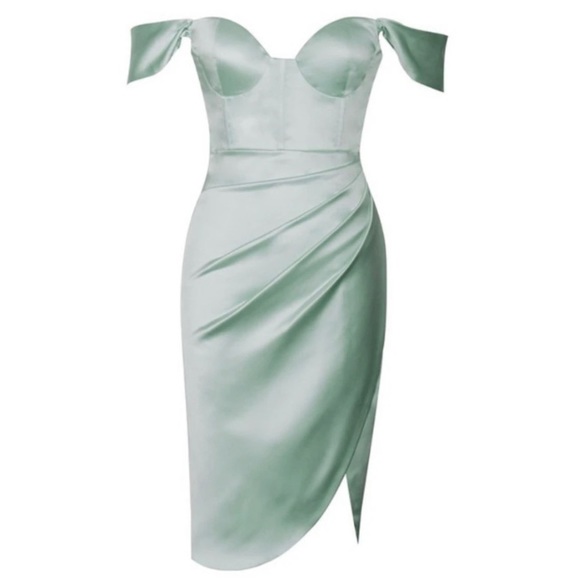 Mint sweetheart draping sleeve satin corset dress - Picture 2 of 8